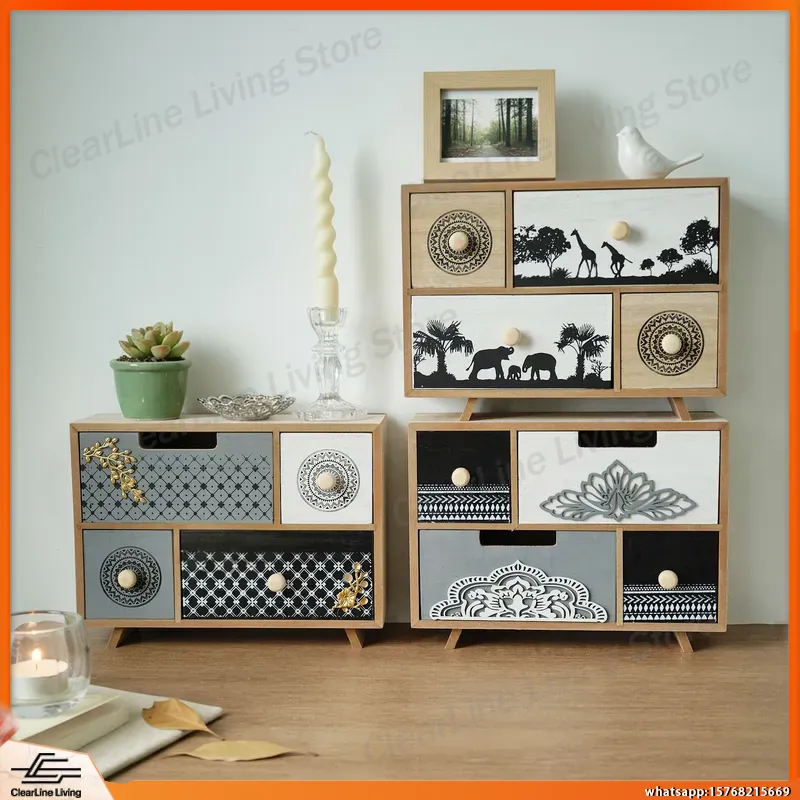 Office Drawer Organizer - 木製デスクトップ引き出しロッカー、彫刻された部族模様のオフィス収納キャビネット、雑貨オーガナイザー、研究室用器具用ドレッサー