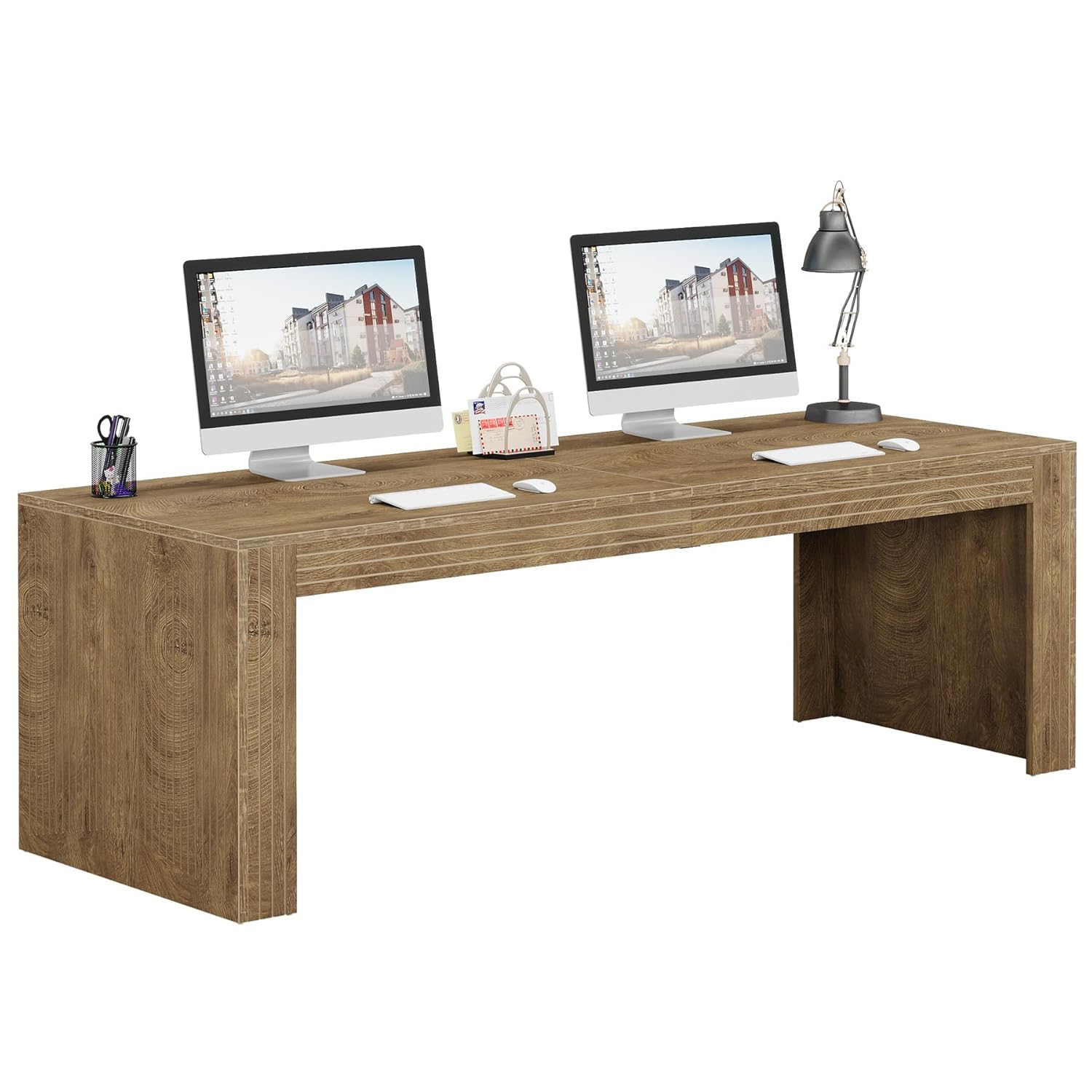 Home Office With Two Desks - # 79インチの超長ダブルコンピューターデスク、2人用ワークステーション、ホームオフィス用木製ライティングテーブル、ナチュラルオーク、カスタマイズ可能