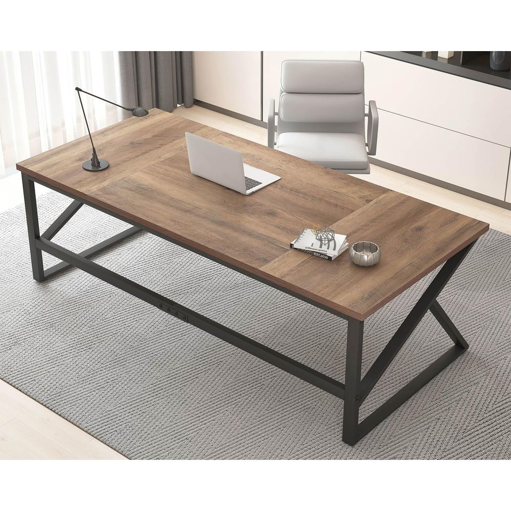 Home Office With Two Desks - 70エクストラロングダブルデスク、ホームオフィス用、素朴な木製と金属製、2人用、学習やゲームに最適