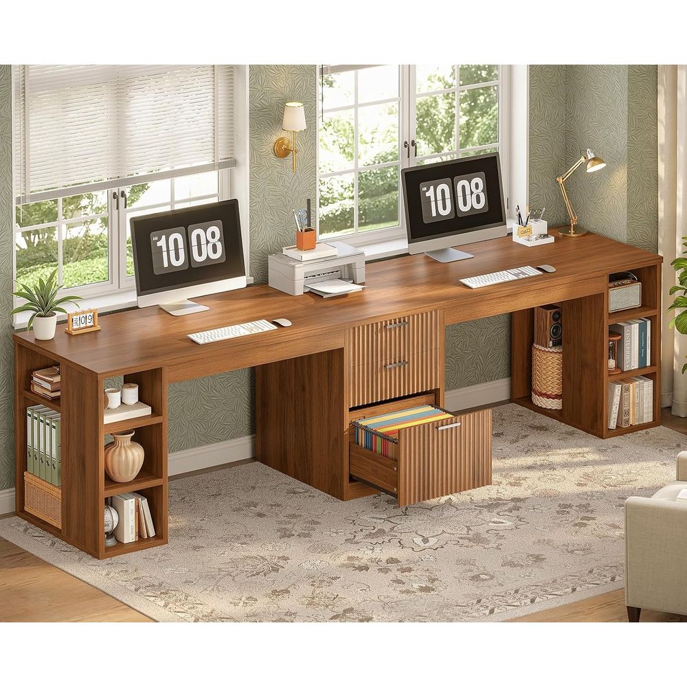 Home Office With Two Desks - 96.5インチのコンピューターデスク、デスク付き、2人用ホームオフィスデスク、収納棚付きゲーミングダブルデスク、長い2人用ライティングデスク