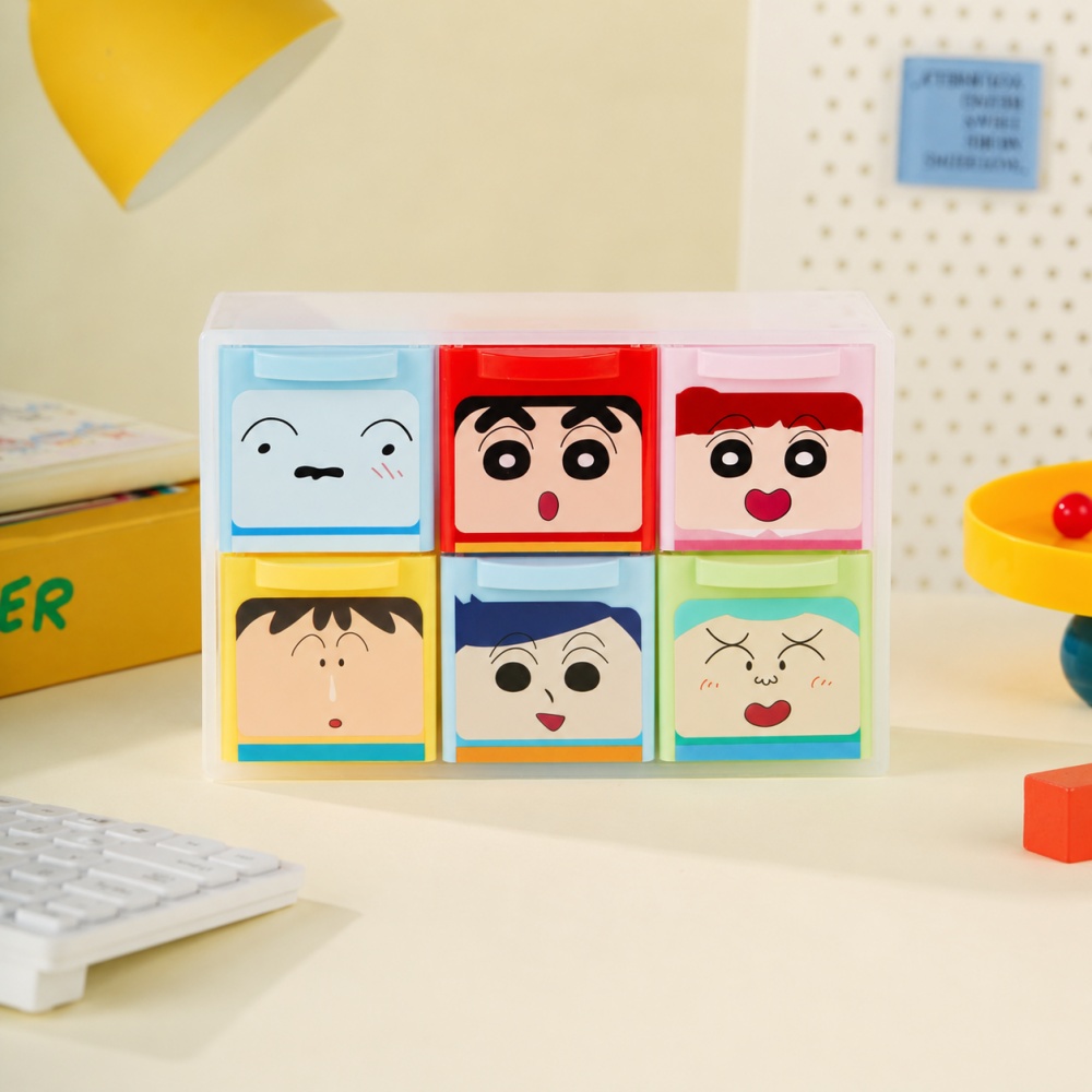 Office Drawer Organizer - 本物のクレヨンしんちゃん6区画収納オーガナイザーボックス、漫画柄デスクトップ引き出しケース、学習机、オフィス、寮での使用に最適