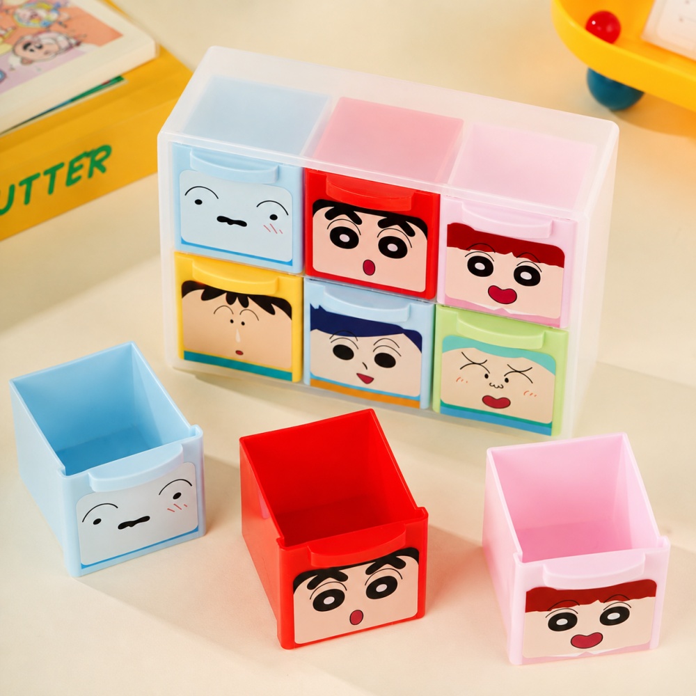 Office Drawer Organizer - クレヨンしんちゃん正規品 6グリッドデスクオーガナイザーボックス かわいいプラスチック製引き出し収納ケース 文房具 化粧品 雑貨