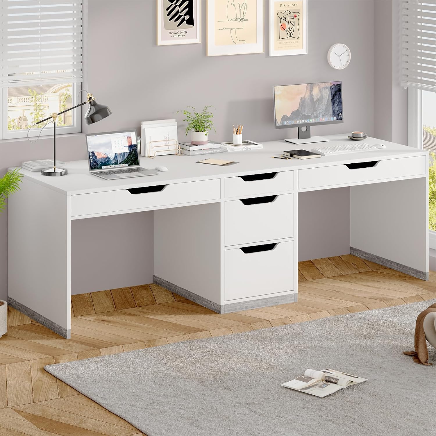Home Office With Two Desks - 78インチ二人用デスク、5つの引き出しとファイル収納付き、ホームオフィスワークステーション、カスタマイズ可能