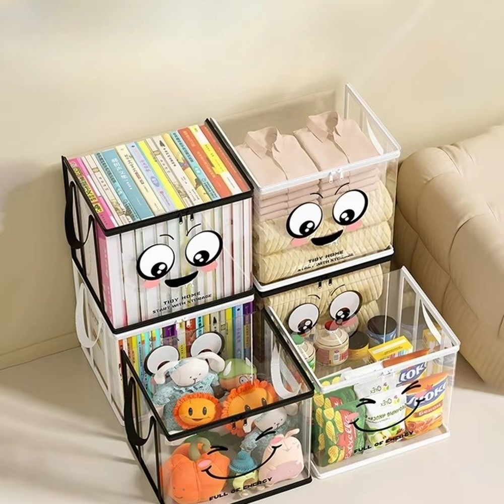 Home Office Bagas - 大型正方形ブック収納バッグ PVC透明蓋付きデザイン収納ボックス ジッパー付きジョイフルフェイス柄オーガナイザービン ホームオーガナイゼーション