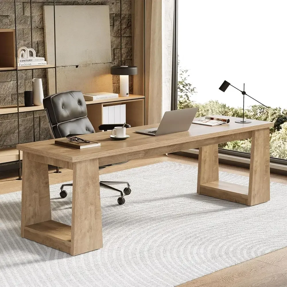 Home Office With Two Desks - 素朴なブラウンカラーの2人用ホームオフィスデスク、デュアルユース向け大型エグゼクティブワークステーション