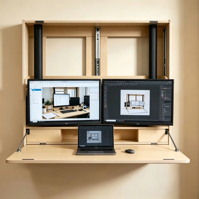 Home Office With Two Desks - 省スペースホームワークステーション、27インチ幅広壁掛け式電動昇降式マーフィーデスク、デュアルモニター折りたたみ式オフィスOEM