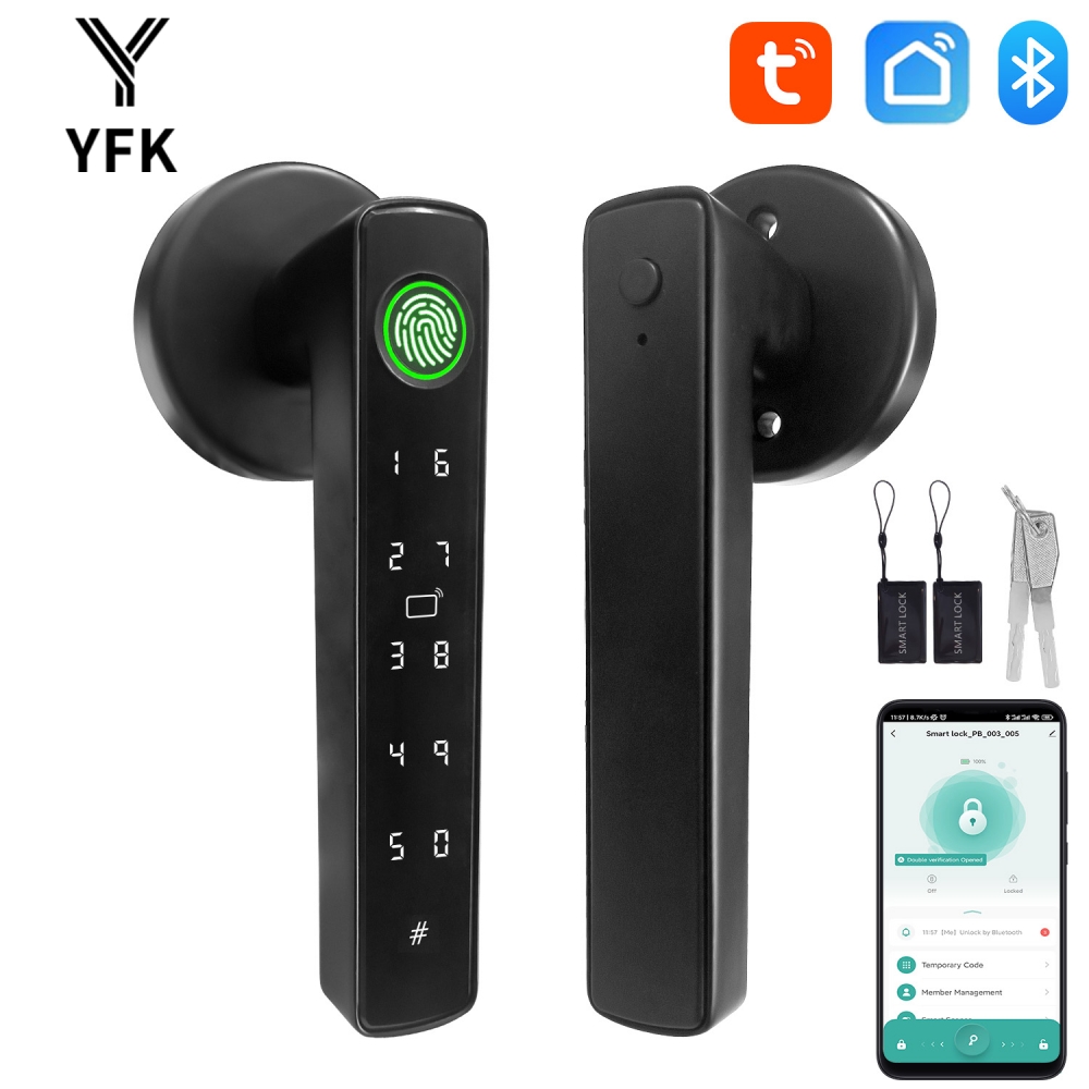 Home Office Immigration - YFK Tuya 5-in-1スマートドアハンドルロック Bluetooth指紋認証キーレスエントリーロック フェイクPIN NFC