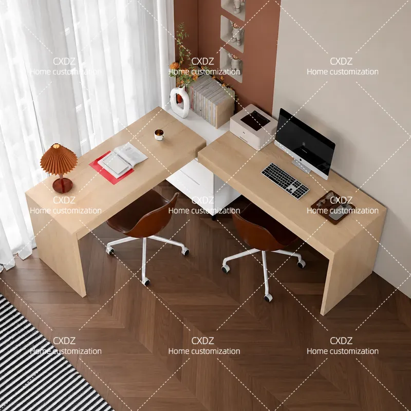 Home Office With Two Desks - 北欧風ダブルコーナーデスク モダンシンプルなライティングテーブル コンピューターワークベンチ 寝室 ホームオフィス 二人用学習ステーション