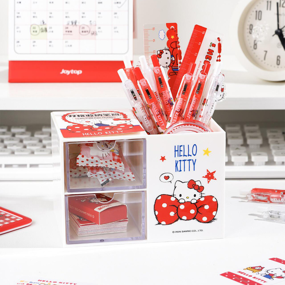 Office Drawer Organizer - 本物のハローキティ デュアルコンパートメントペンホルダー、2つの透明引き出し付き、ペン、テープ、クリップ用のかわいいデスクオーガナイザー、家庭やオフィスでの使用に最適