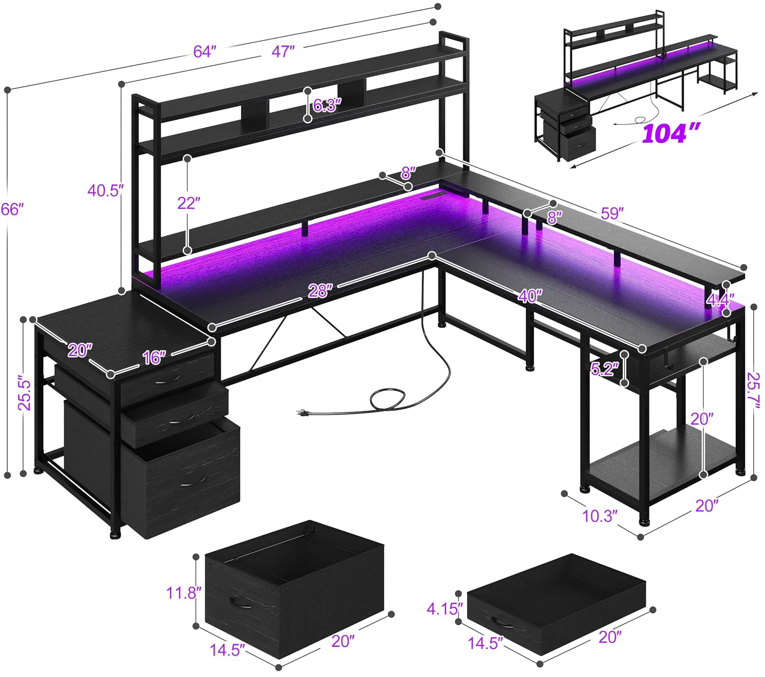 Home Office With Two Desks - 64x59インチ L字型ゲーミングデスク、棚とLEDライト付き、2人用ホームオフィス向け、カスタマイズ可能