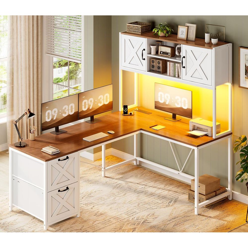 ハッチ付きL字型デスク、リバーシブル86.6インチコンピュー - Home Office With Two Desks のレビューと価格