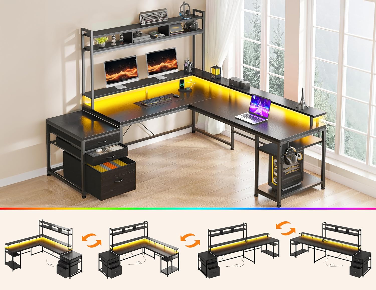 64x59インチ L字型ゲーミングデスク、棚とLEDライト付 - Home Office With Two Desks のレビューと価格